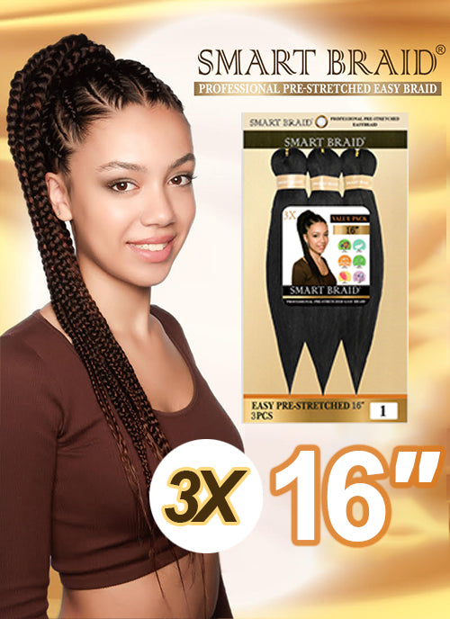 Smart Braid 3X pack of 16-inch pre-stretched, pre-pulled braid hair extensions in 9 vibrant colors.