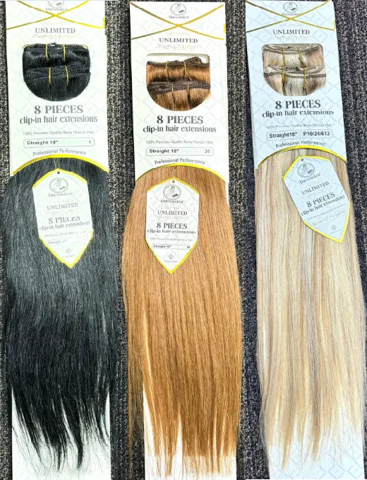 Dressmaker 100% human hair clip-in extensions in straight style, 14, 18, and 22 inches, for easy hair lengthening and volume.