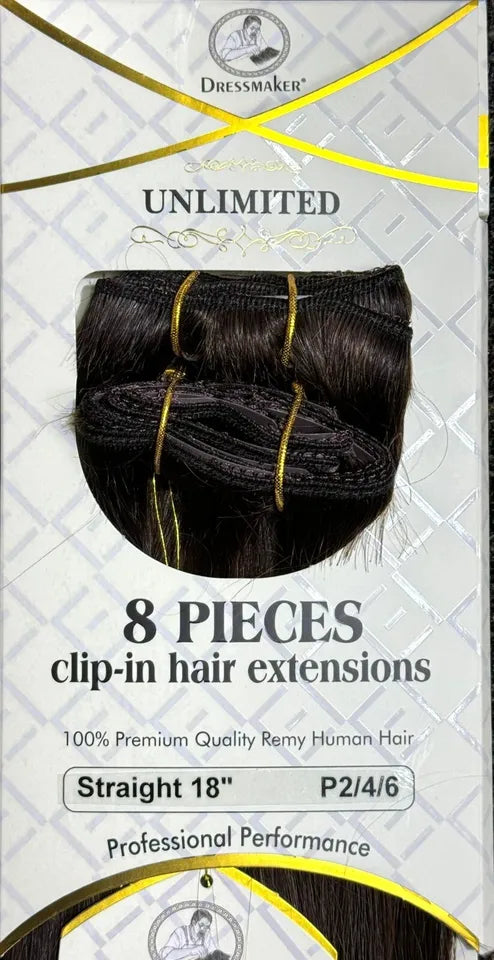 Dressmaker 100% human hair clip-in extensions in straight style, 8 pieces in 14", 18", and 22" lengths displayed.