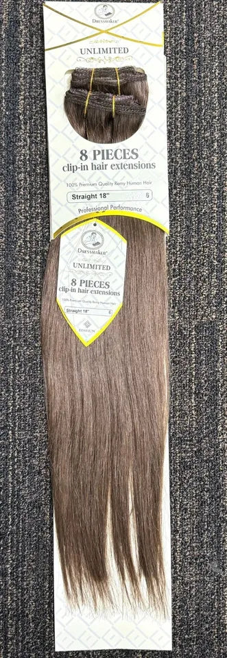 Dressmaker 100% human hair clip-in extensions in straight style, 8 pieces in 14, 18, and 22 inches, natural black color