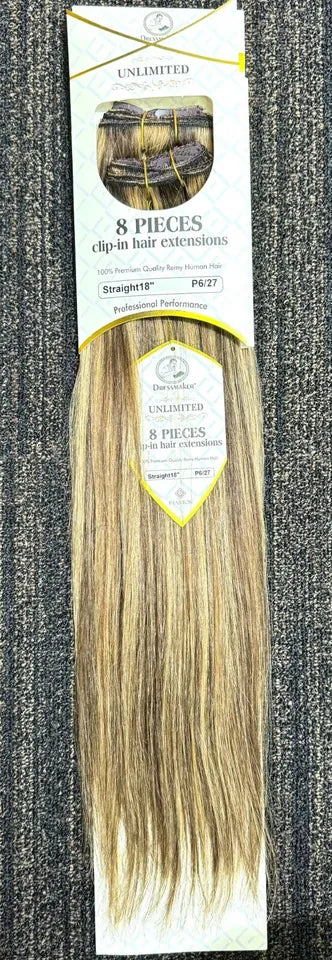 Dressmaker 100% human hair clip-in extensions in straight style, 14, 18, and 22 inches long, featuring eight pieces for natural volume.