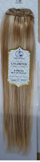 Dressmaker 100% human hair clip-in extension set with straight 14", 18", and 22" lengths in natural black color.