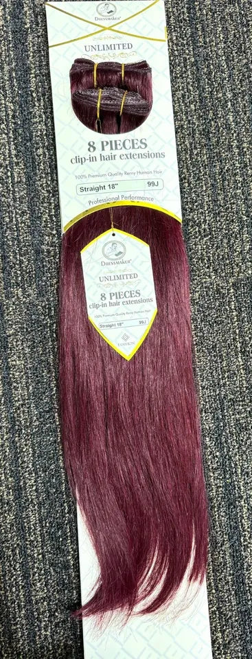 Dressmaker 100% human hair clip-in extensions in straight style, 14, 18, and 22 inches, displayed in a natural hair color.