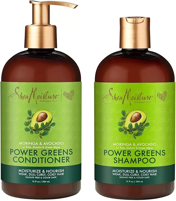2x SheaMoisture Power Greens Curly Hair Shampoo and Conditioner Dry Hair Moringa Avocado to moisturize 13oz each