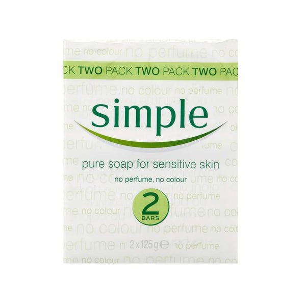 Two bars of Simple Pure Soap for sensitive skin, 100g each, displayed in a clear image showcasing the gentle soap packaging.