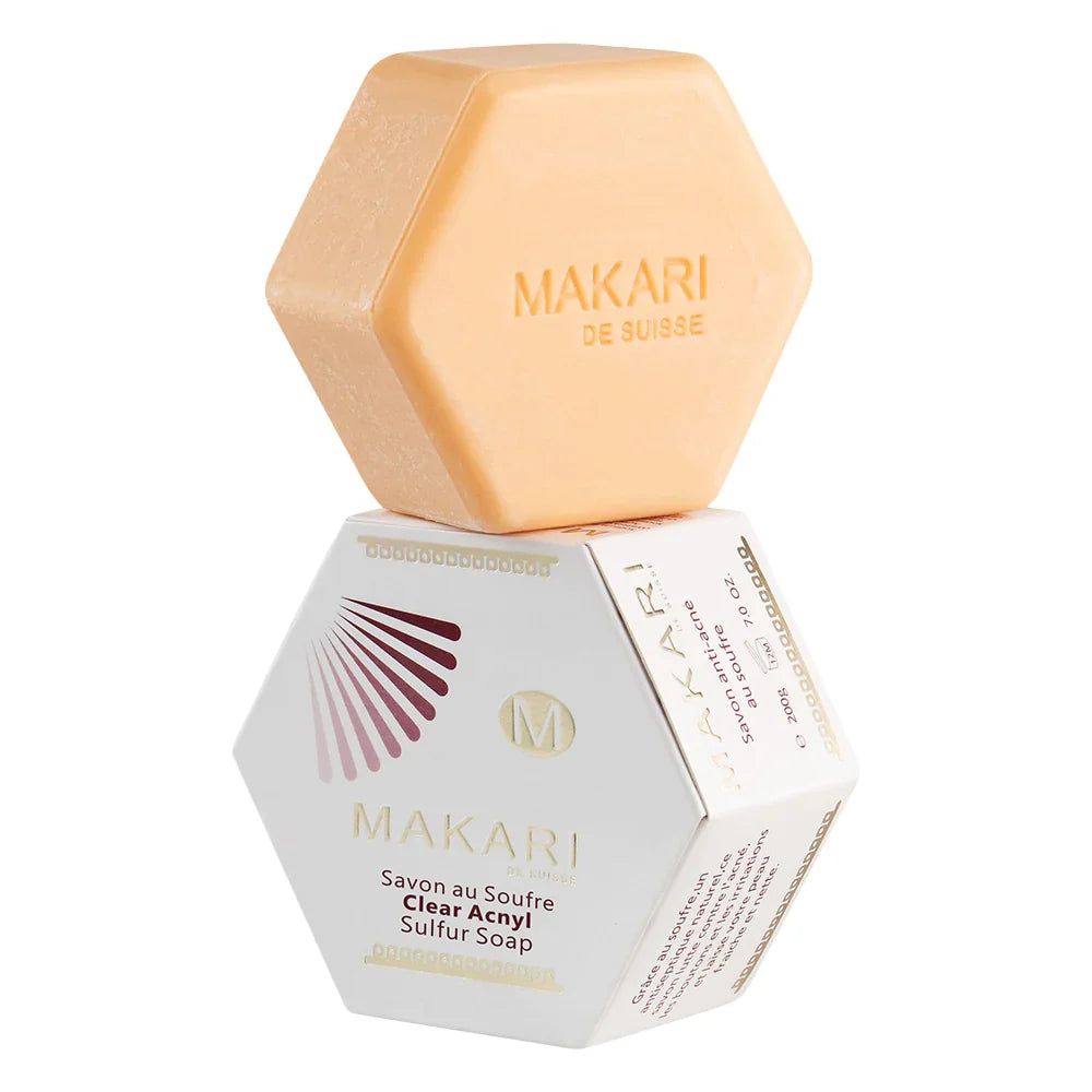 Makari Clear Antiacneic Sulphur Soap bar showing the soap with sulfur for acne treatment and pore detoxification.