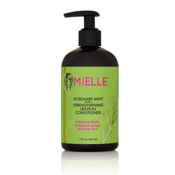 Mielle Rosemary Mint Strengthening Leave-in Conditioner in a 12oz bottle, natural ingredients, designed to nourish and strengthen hair.