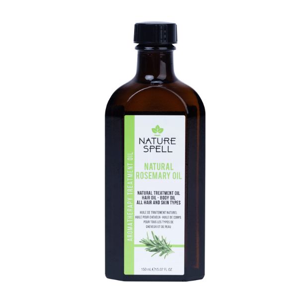 Nature Spell rosemary oil in a 150ml bottle, ideal for hair and skin care, with natural rosemary leaves around the bottle.