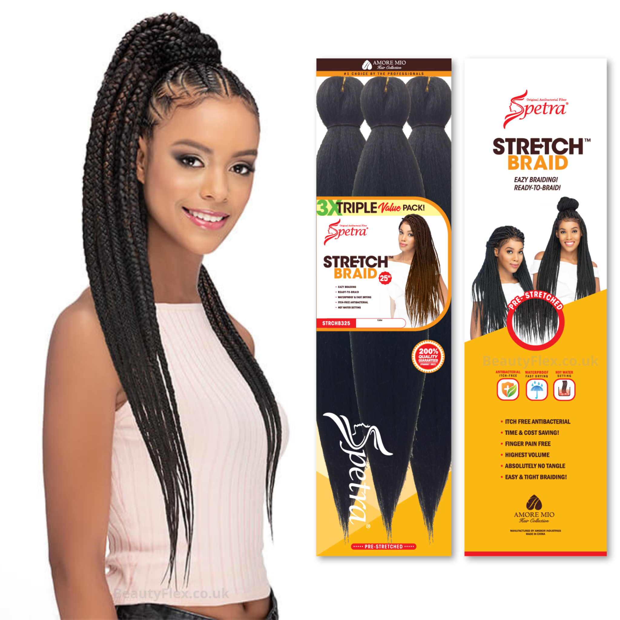 Spetra Spectra Ez Braid Pre-Stretched Braiding Hair 25 inch pack of 3 | BeautyFlex UK